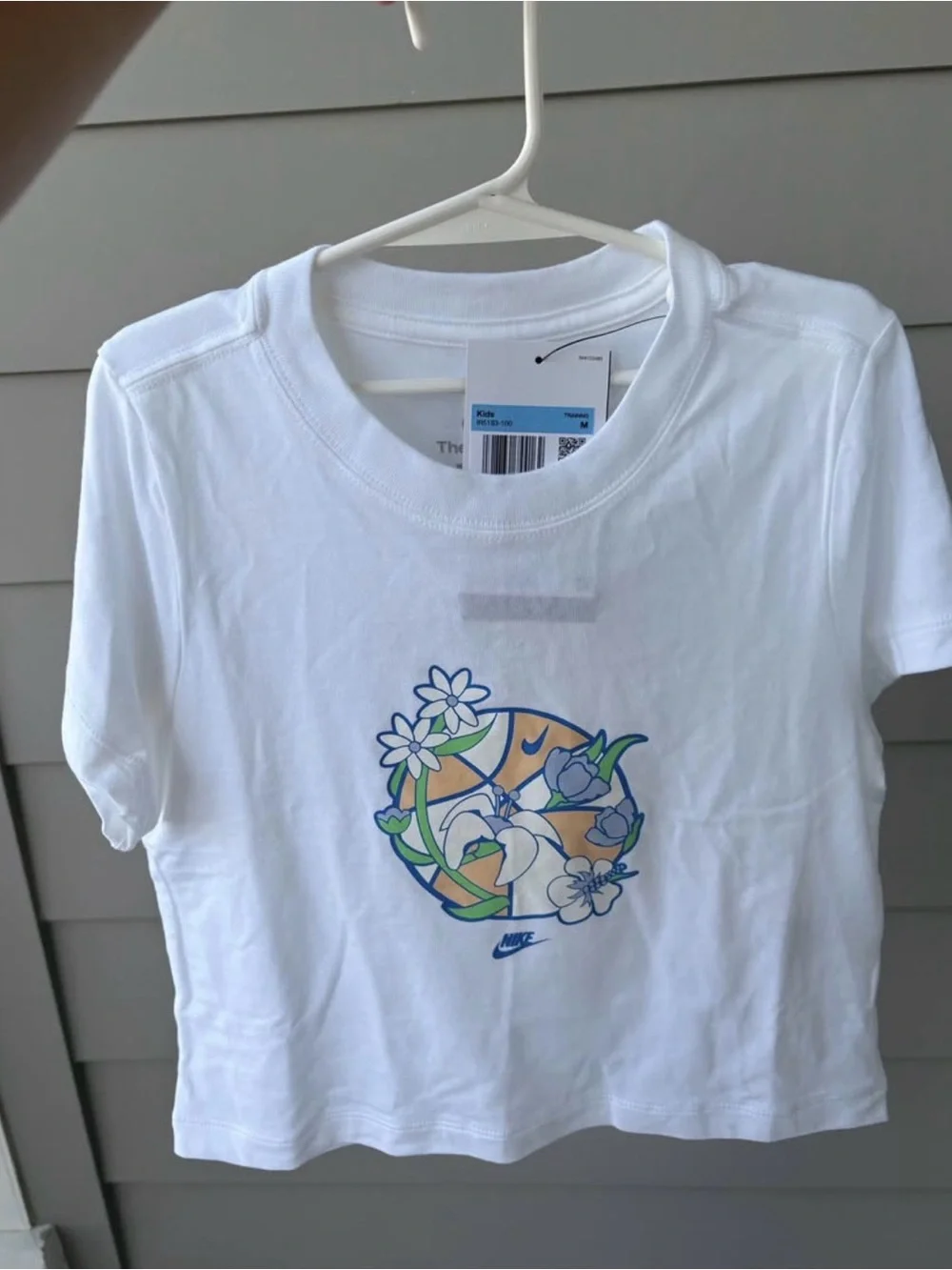 Nike White Girls Floral Graphic Crop Tee with Blue & Green Accents
